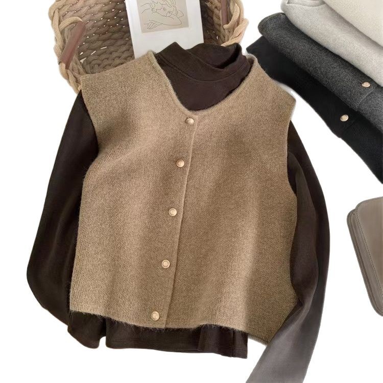 Suave línea de una sola fila de botones de oro de cuello redondo chaleco de punto Cardigan chaleco de hombro de mujer coreana sin mangas chaleco de camisa