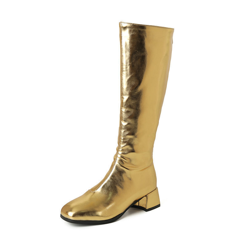Elastic golden chain square toe platform heels with zipper
