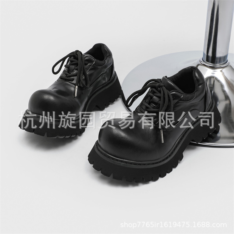 3591 발목 더비 신발 두꺼운 밑창 남녀 틈새 커플 캐주얼 가죽 신발 가죽 기능성 하이 스트리트 블랙 신발