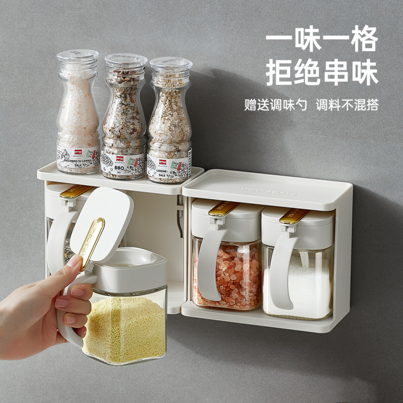 キッチン調味料瓶調味料瓶調味料組み合わせセット壁掛け調味料ボックス収納塩MSG調味料ボトル瓶ホルダー|undefined
