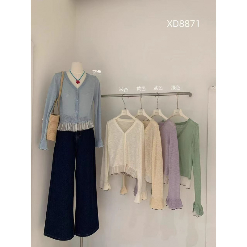 Korean Style V Neck Sweet Lotus Leaf Lace Splicing Slightly Flared Knitwear Women's Summer Style Simple Single-Breasted Long-Sleeved Top