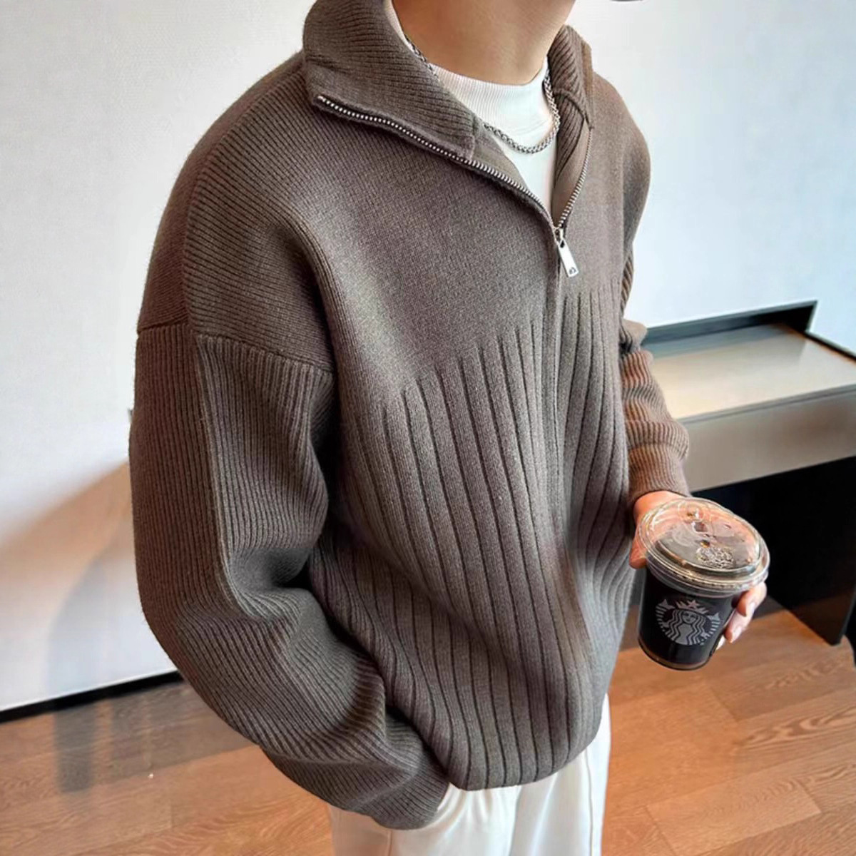 Color sólido retro holga camisa de punto suéter de cuello alto de hombre con cremallera de cuello de moda cardigan chaqueta de alta calidad simple