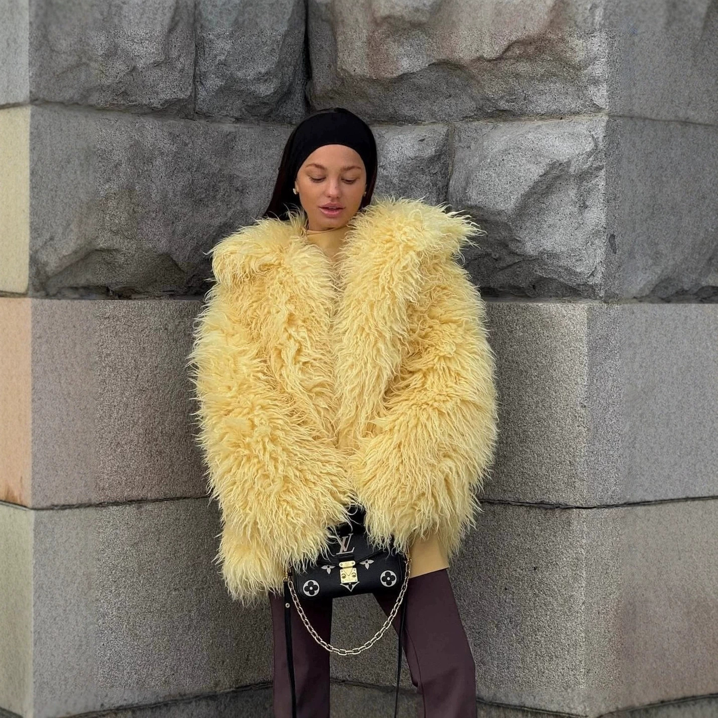 Amazon European and American cross-border yellow plush faux fur coat, eco-friendly fur women's oversise outfit top