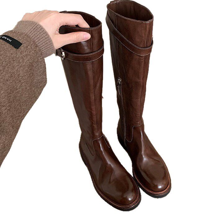 Bốt cao cổ nữ da cừu đế dày khóa vàng xếp ly, gót vừa 3–5 cm — Da màu nâu mở rộng, Da đen mở rộng, Hàng sẵn có màu đen (nhung), Lớp lót nhung màu nâu mở rộng