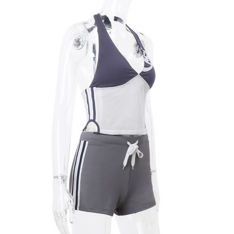 ChicShe ChicShe ChicShe S47H4442 Luźny sportowy top z siateczki z dekoltem w serek i halterem, damski, lekki, seksowny zestaw szortów_voghion.com