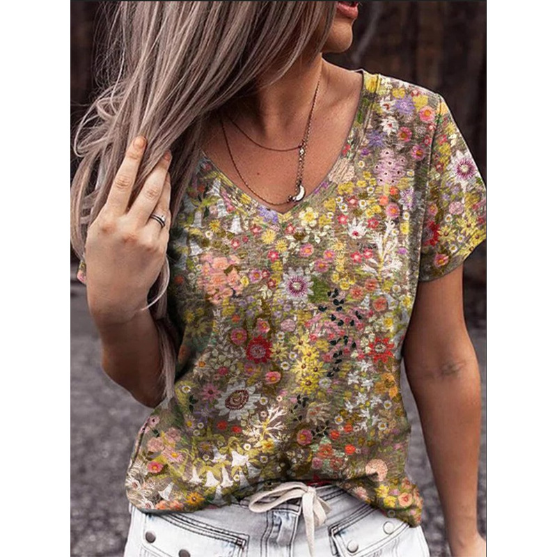 Polyester Fabric Type Regular Top Length Wholesale Women'S Casual Map Star Flower Short Sleeve Printing T-Shirts