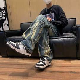 高级感渐变扎染牛仔裤男美式高街男挂链阔腿裤做旧设计感休闲长裤