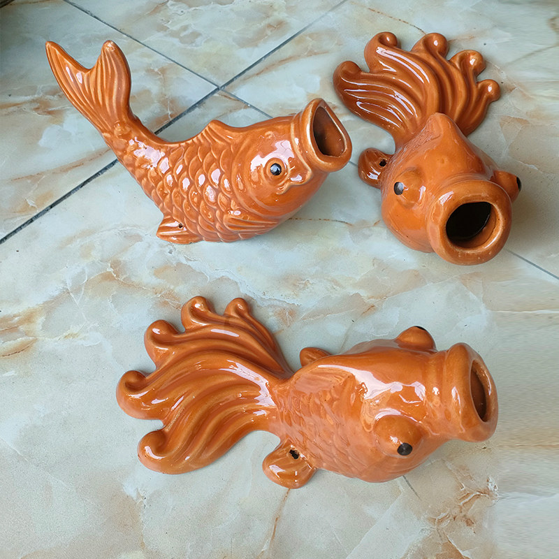 陶瓷金鱼出水口鱼嘴排水口鲤鱼阳台装饰鱼吐水鱼屋顶排水喷水佛山