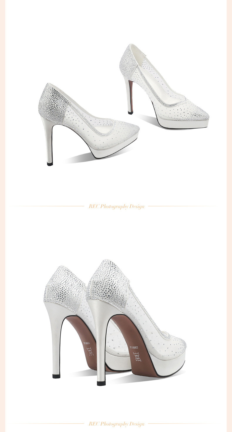 Giày cao gót nữ mũi nhọn da thật đế platform gót siêu cao 12 cm, phối lưới đính đá rhinestone — đen chi tiết 12