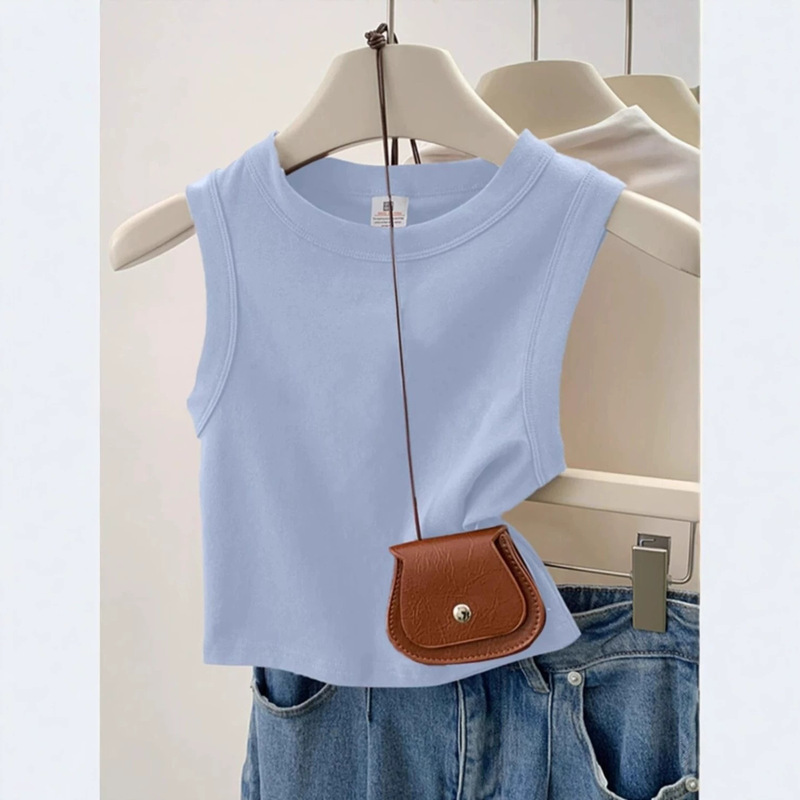Dopamine Light Blue Summer Vest for Women 2026 New American Style Sleeveless Round Neck Slim Fit Top Dopamine Light Blue Summer Vest for Women 2026 New American Style Sleeveless Round Neck Slim Fit Top