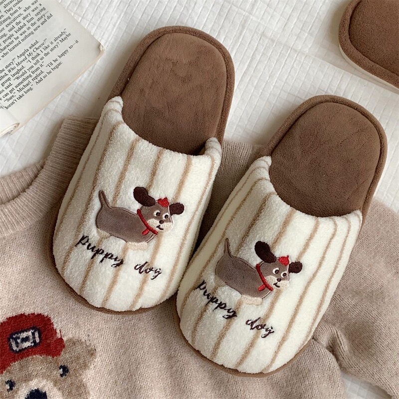 Casual Men's and Women's Bedroom Maternity Shoes for Autumn and Winter, Warm and Cute Puppy Japanese Style Color-Block Striped Couple Cotton Slippers Casual Men's and Women's Bedroom Maternity Shoes for Autumn and Winter, Warm and Cute Puppy Japanese Style Color-Block Striped Couple Cotton Slippers