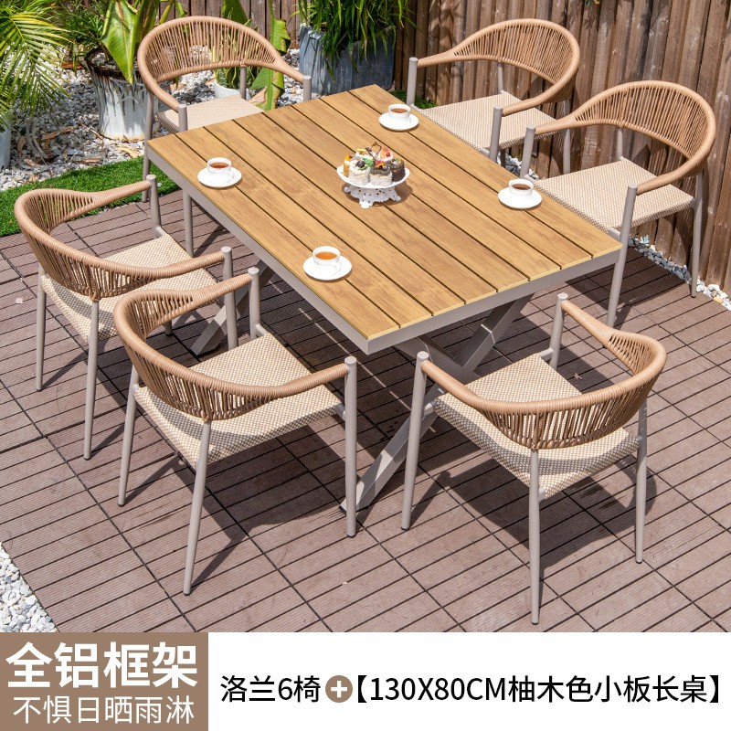 Mesas y sillas al aire libre patio de madera de plástico terraza jardín silla de mimbre balcón madera anticorrosiva al aire libre mesa de comedor de ocio combinación de ratán