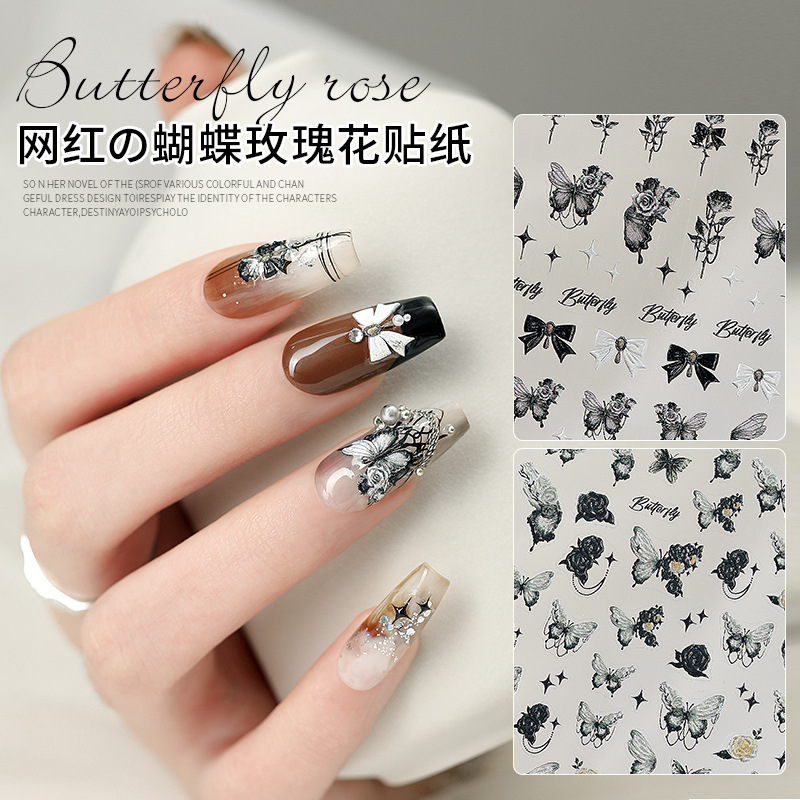 Pegatinas de Uñas con Diseño de Mariposa y Rosa, Estilo Moderno, Dulce y Atrevido, con Relieve Tridimensional, Novedad 2025