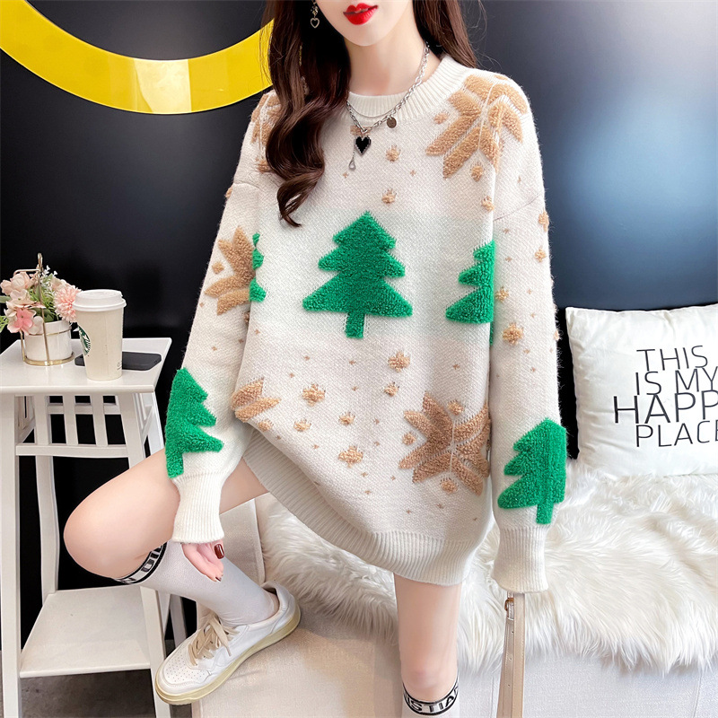 Special Offer in Stock [Official Picture] Christmas Version Snowflake Flocking Sweater New Korean Style Lazy Style Outer Wear Knitted