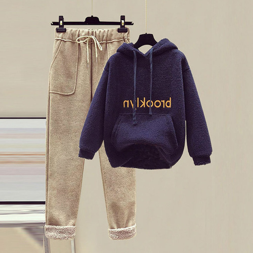 Lamb's Wool Fleece Thick Set Women's Autumn/Winter New Embroidered Sweatshirt Women + Wool Knit Wide Leg Pants Two-Piece Set