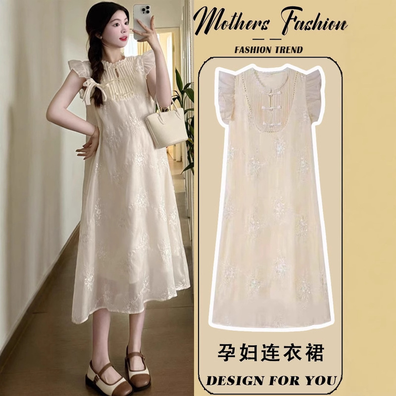 Pregnant Women dress Summer 2025 New Chinese Style National Style Embroidery Loose Sweet Thin Flying Sleeve Mid-length