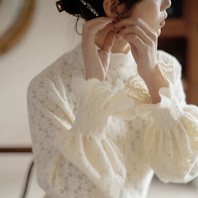 Fleece-lined Thickened Half-high Collar Lace Bottoming Shirt For Women