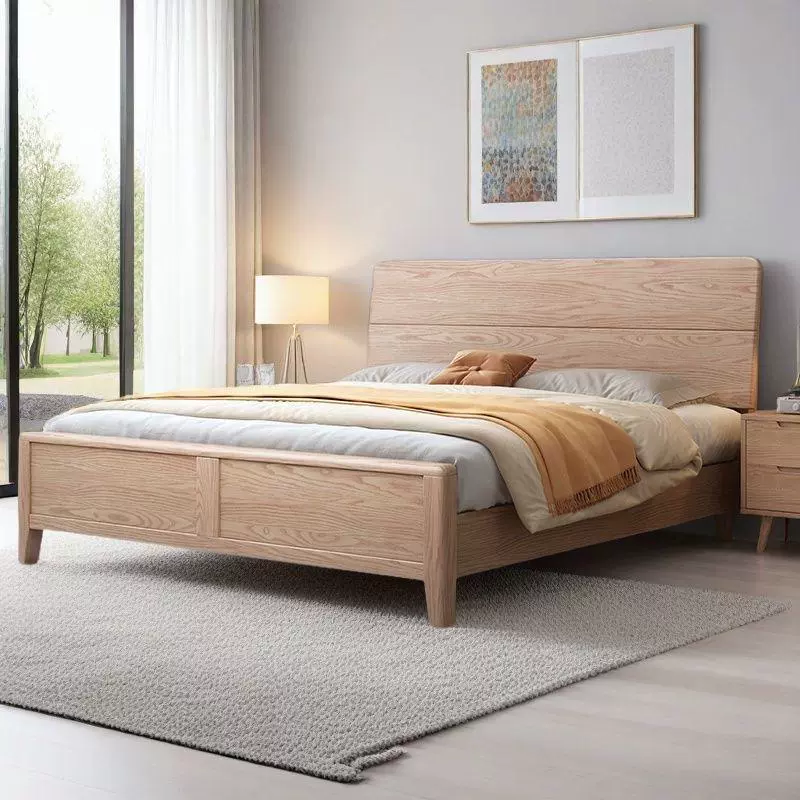 北欧白蜡木实木床1.8米主卧双人床现代简约原木风1.2米单人床储物