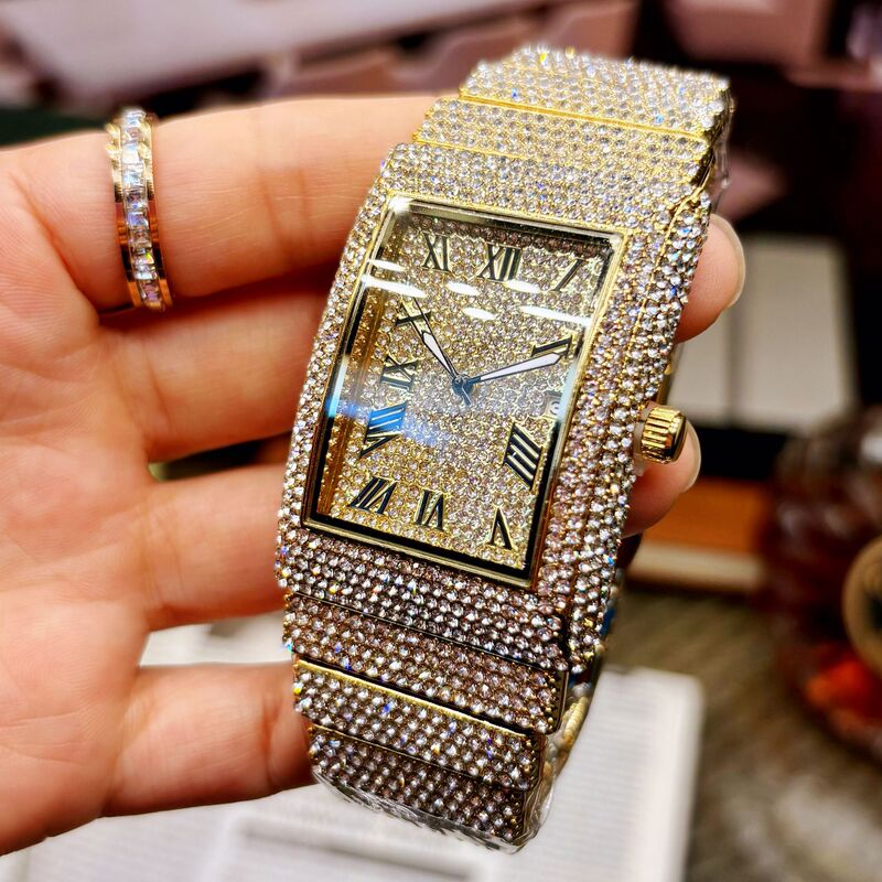 Fashionable Luxury Tank-Style Full Diamond European and American Hot-Selling Full Diamond Quartz Watch for Men and Women Wholesale on Aliexpress
