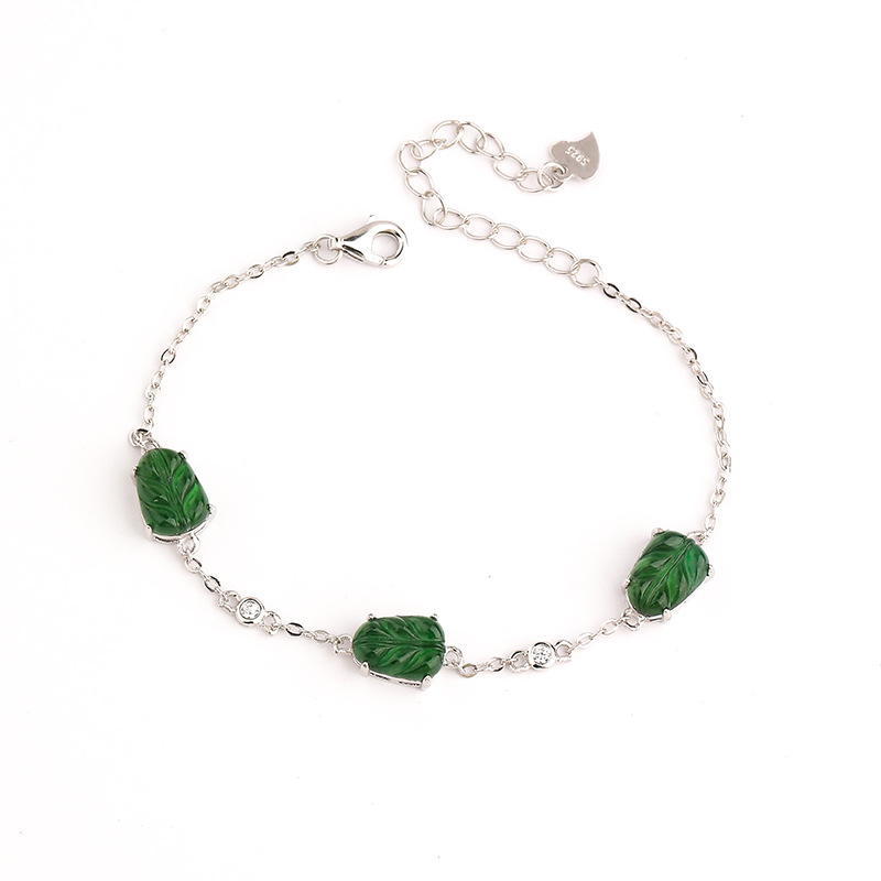 Pulsera de jade natural S925 Pulsera de hoja de plata esterlina para mujer, incrustaciones de plata, material peligroso, tipo de hielo, diseño de nicho, sentido avanzado al por mayor