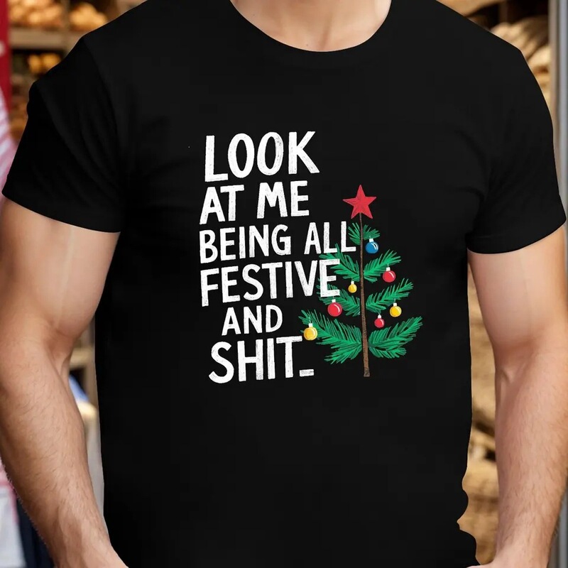 Men's Christmas patterned t-shirt, funny holiday-themed shirt with red and green accents, casual Christmas party wear for men