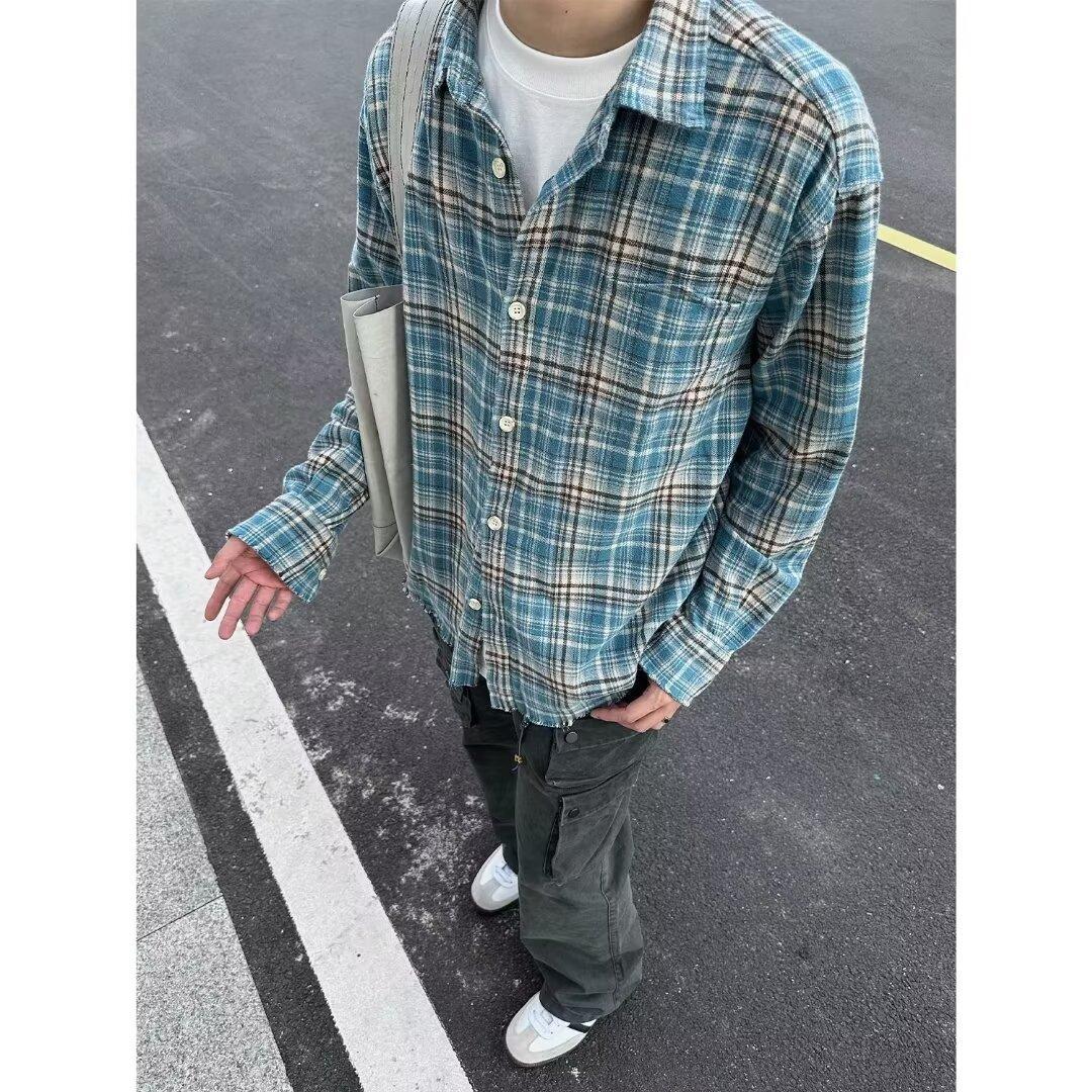 American High Street Plaid Washed Frayed Long Sleeve Unisex 2025 Spring Autumn Loose Trendy Shirt_viptrois.com