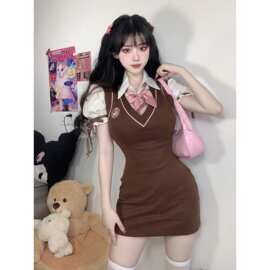 短袖美式纯欲学院风JK连衣裙美式包臀裙辣妹女学生假两件裙子女装
