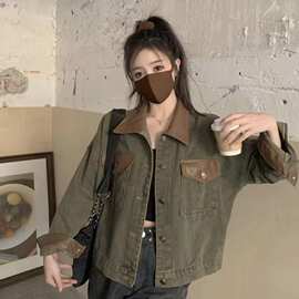 2025春秋复古潮流皮领拼接工装牛仔外套女韩版宽松休闲百搭夹克潮