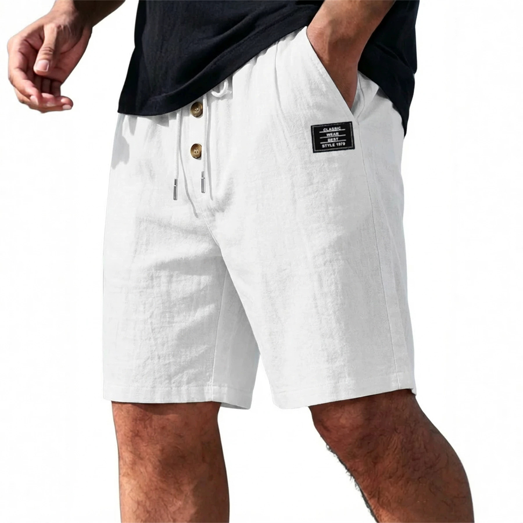 Men's Summer Cotton Linen Blend Loose Fit Solid Color Casual Shorts Trendy Sports plus Size mid Waist Beach Wear_viptrois.com