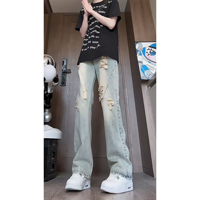 American High Street Retro Jeans for Men, Summer Thin Ripped Design Pants, Vibe Straight-Leg Versatile Bootcut Pants