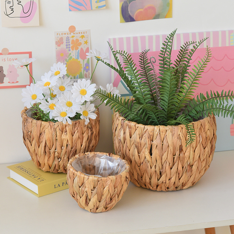 Paja trenzada maceta impermeable forrado verde en maceta sala de estar decoración balcón planta trenzada calabaza de agua cesto de hierba