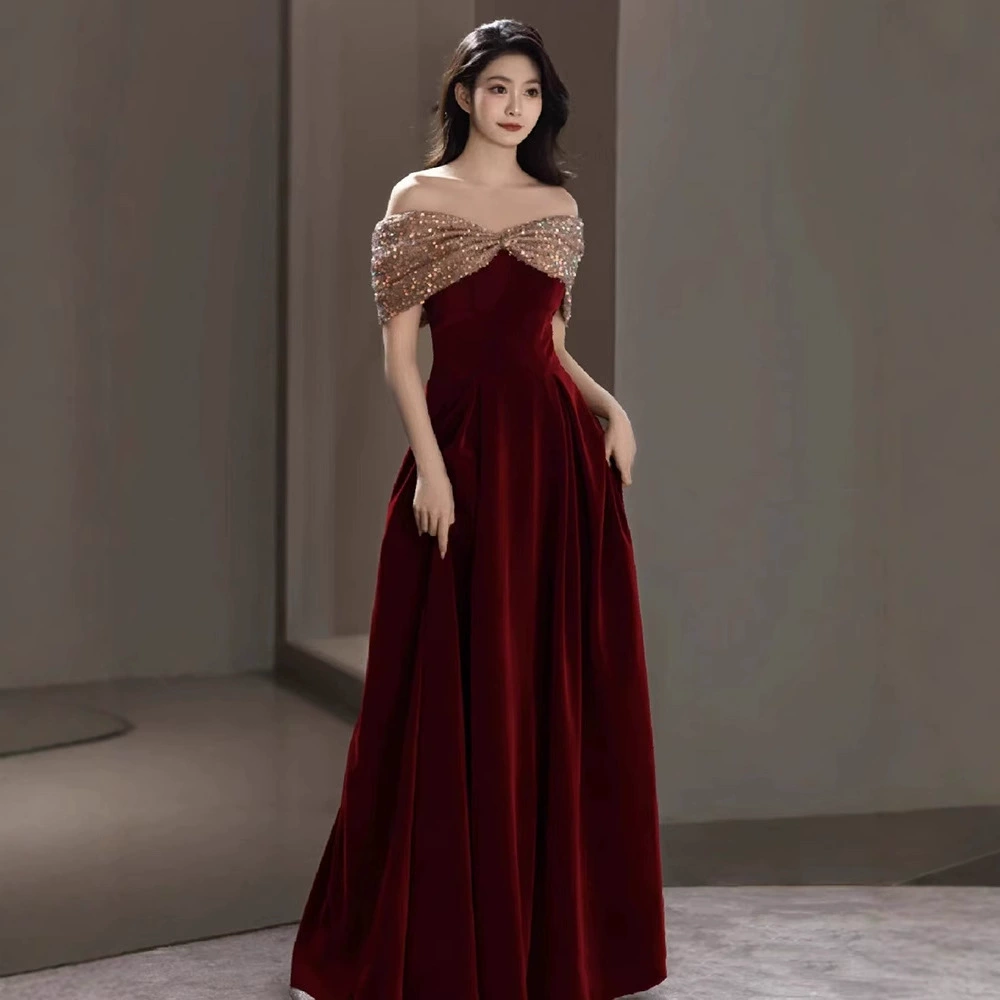 Evening dress burgundy, off‑shoulder French style, open shoulders, long formal gown