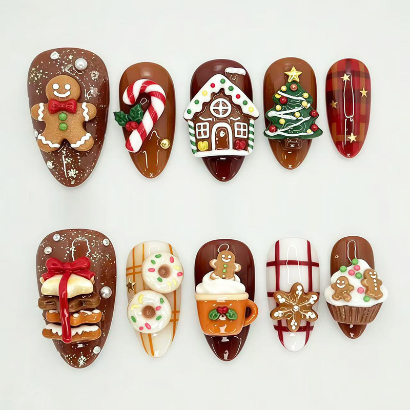 Christmas 3D Gingerbread Man Brown Atmospheric Plaid Wearable Nails Cross-Border European and American Ins Nail Stickers