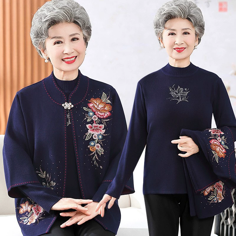 Зимняя одежда для пожилых людей женский костюм бабушка свитер кардиган костюм из двух частей для пожилой мамы весенне-осеннее пальто для старой леди одежда