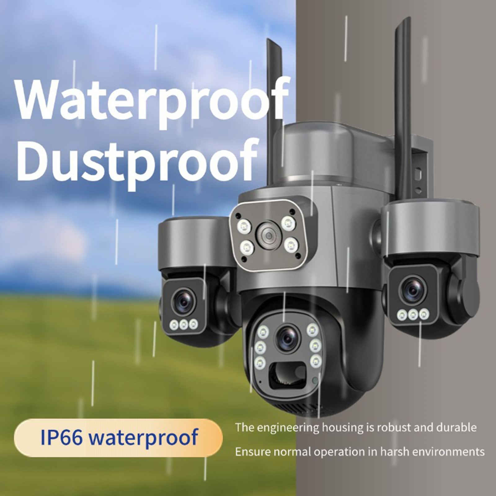 三摄像头三镜头三目太阳能监控摄像头三云台旋转4G低功耗防水无