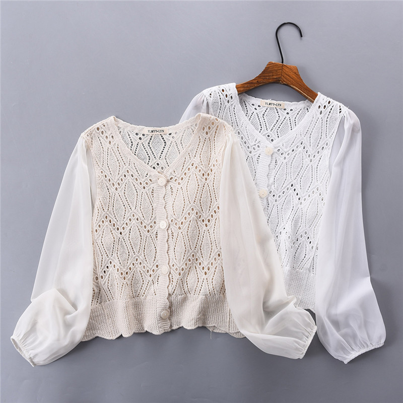Knitted cotton stitching long-sleeved chiffon shirt summer women's V-neck button cardigan loose lantern sleeve lace sun protection shirt
