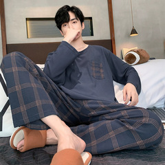 春秋季睡衣男款长袖薄款男生纯色简约男士家居服套装可外穿
