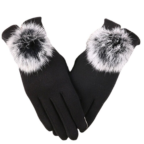 Warm gloves autumn and winter women's rabbit fur ball non-falling velvet gloves for playing with mobile phone winter plus velvet cold-proof touch screen gloves
