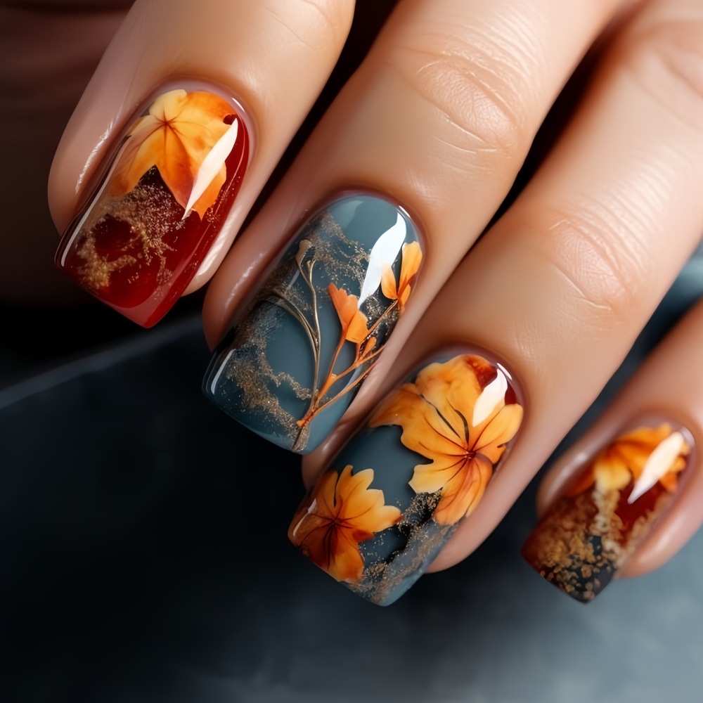 Ins Style European and American Wearable Nails Red and Yellow Flowers Fingertip Manicure Fallen Leaves European Square Fake Nails Wholesale Tb-22