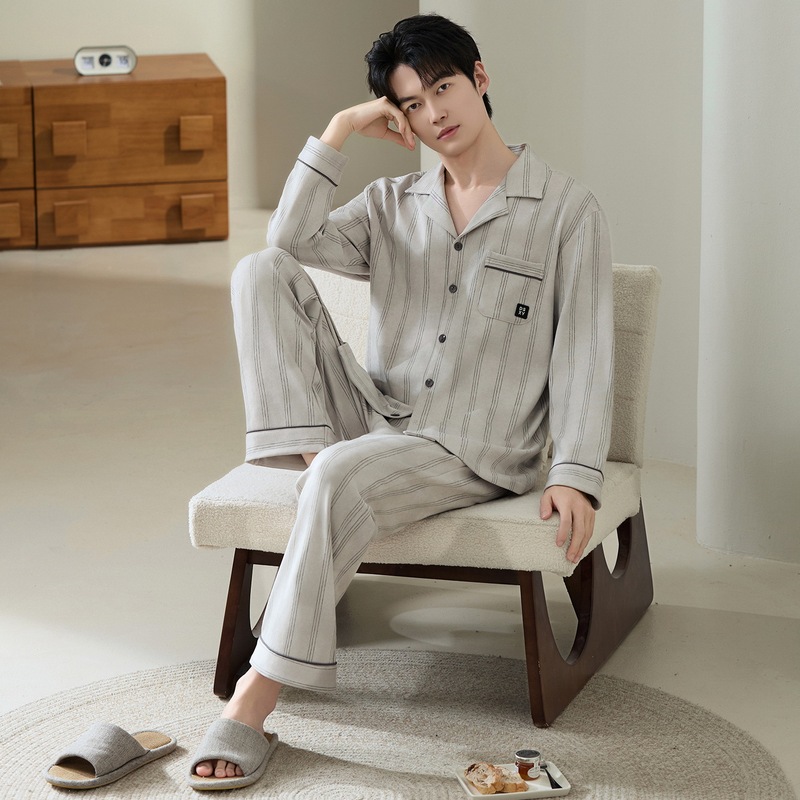 High-End Large-Size Comfortable Cotton Pajamas for Men, Pure Cotton Autumn and Winter Long-Sleeved Cardigan, New Men's Spring and Autumn Home Wear Set High-End Large-Size Comfortable Cotton Pajamas for Men, Pure Cotton Autumn and Winter Long-Sleeved Cardigan, New Men's Spring and Autumn Home Wear Set
