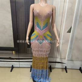 舞台演出服性感流苏网纱透视无袖有弹力长款镶钻包臀裙礼服