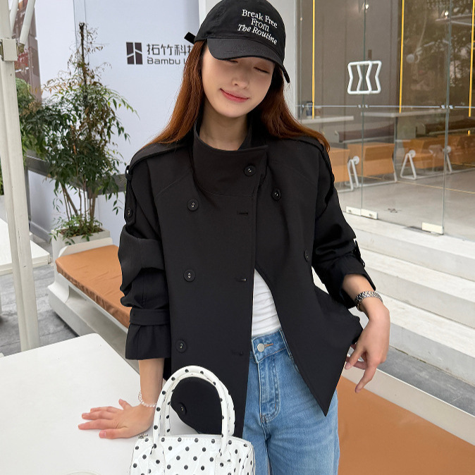 Black trench coat, 2026 spring/autumn new collection, Korean style, suitable for petite figures, casual double-breasted short trench coat for women Black trench coat, 2026 spring/autumn new collection, Korean style, suitable for petite figures, casual double-breasted short trench coat for women