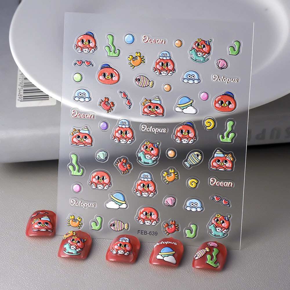 抖快可爱Q版八爪章鱼浮雕美甲貼纸吉伊卡哇可爱带背胶指甲贴纸