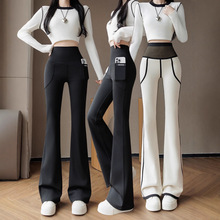 秋冬加绒微喇瑜伽裤新双口袋保暖鲨鱼裤高腰提臀黑金大码加长女裤