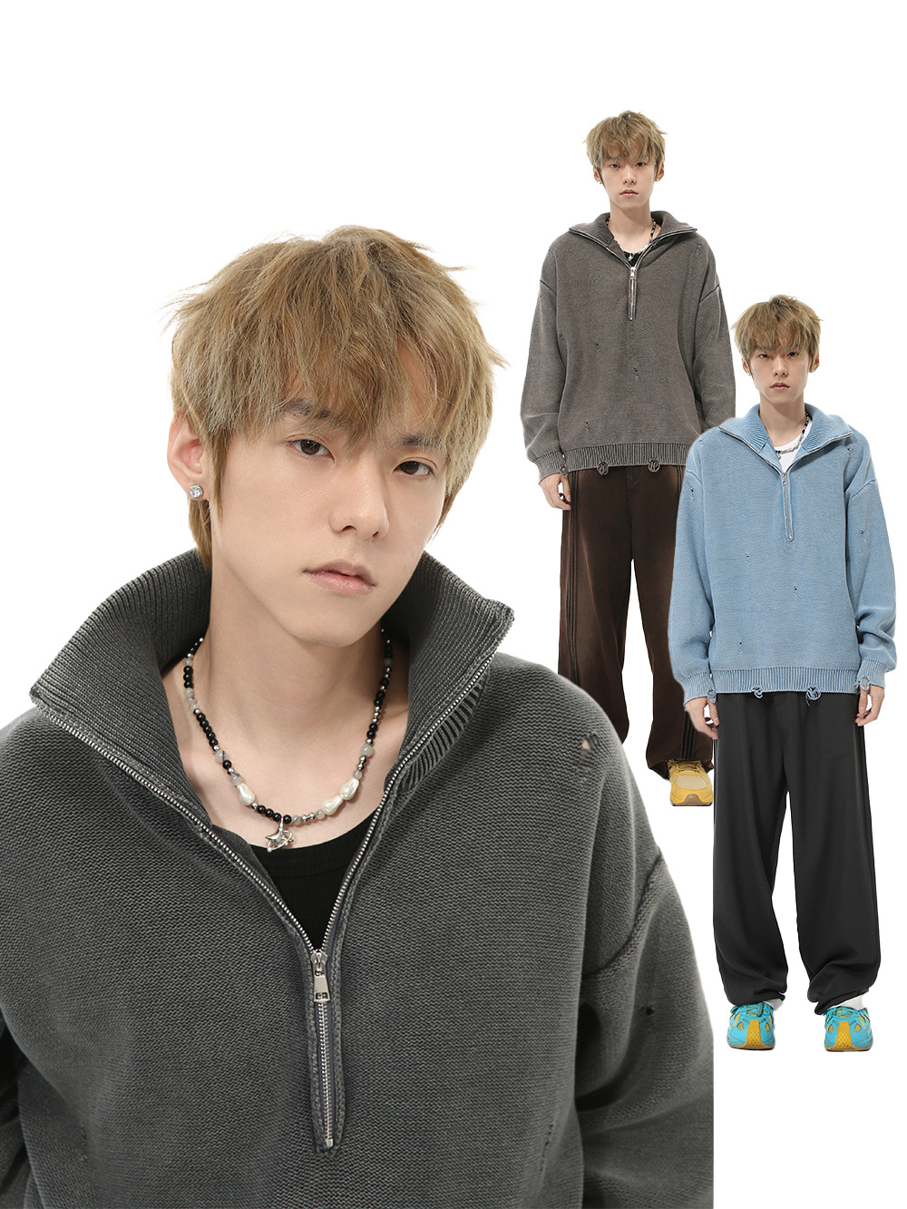 MTLCLOTHES Ropa de hombre | Nuevos productos de otoño, diseño de agujeros de nicho, suéteres de moda con media cremallera, tendencia de suéteres