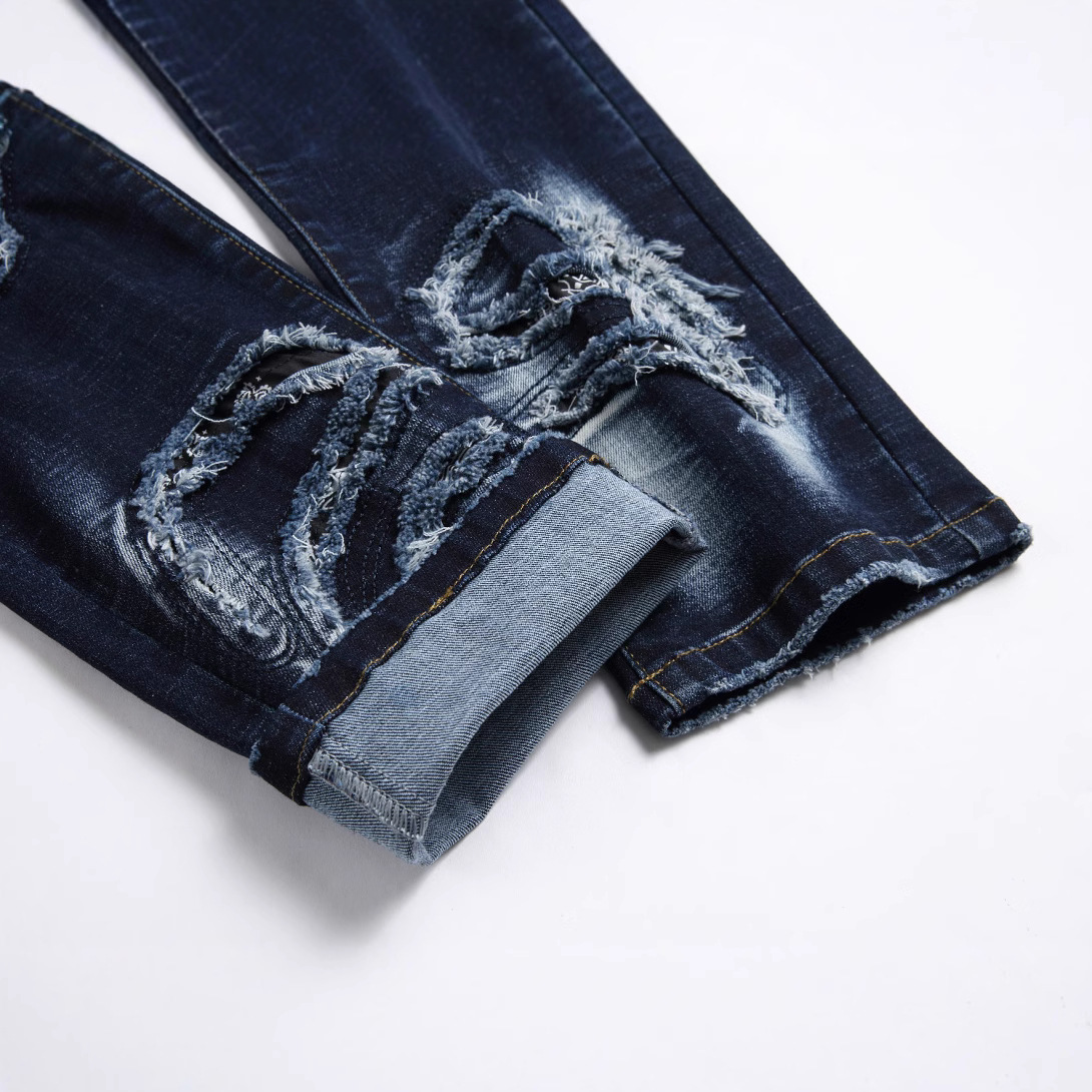 Original European and American Street Fashion Personalized Color-matching dark blue Stretch Denim Pants