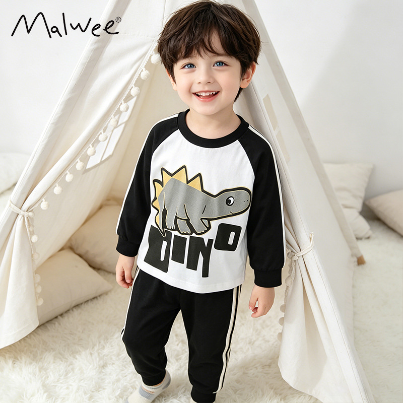 In stock Malwee children's autumn new style European and American style printed long-sleeved pants casual two-piece set for toddlers and preschoolers.