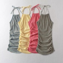 辣妹性感撞色条纹连衣裙欧美风女装绑带设计紧身吊带裙短裙