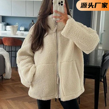 秋冬新款跨境外贸女装欧美风时尚百搭优雅气质宽松拉链毛绒外套