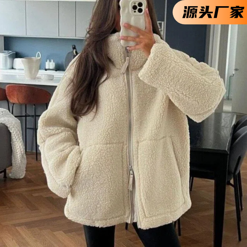 秋冬新款跨境外贸女装欧美风时尚百搭优雅气质宽松拉链毛绒外套